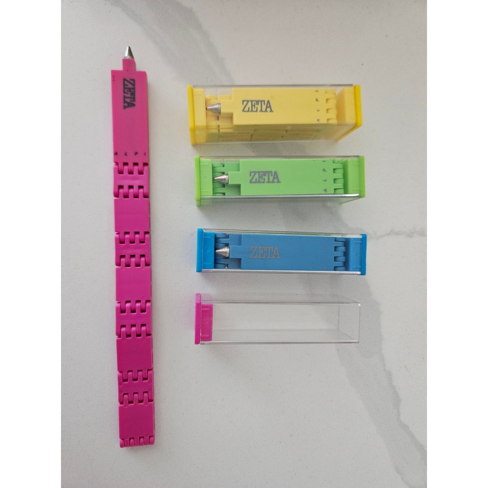 Vintage 80s Zeta Alpi Folding Ballpoint Pens Neon Pink Yellow Green Blue Set 4